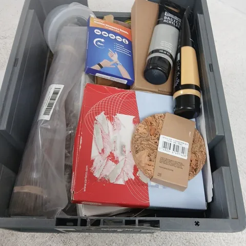 BOX OF APPROXIMATELY 20 MIXED ITEMS INCLUDING COASTERS, ACRYLIC PAINTS ETC. 