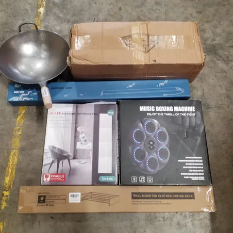 PALLET CONTAINING ASSORTED PRODUCTS INCLUDING WOK, PLAYPEN, AQUARIUM LIGHT, FULL LENGTH WALL MIRROR TILES, MUSIC BOXING MACHINE & WALL MOUNTED CLOTHES DRYING RACK