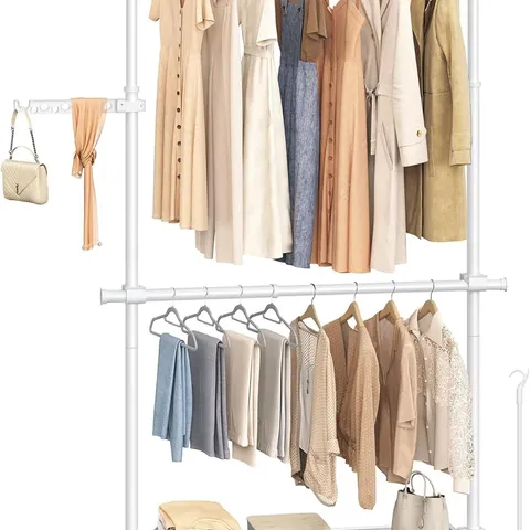BOXED SONGMICS FLOOR TO CEILING CLOTHES RAIL, 3-TIER CLOTHES RACK, HEIGHT AND LENGTH ADJUSTABLE CLOTHING RAIL, 1-ROW WARDROBE ORGANISER WITH 2 RODS AND 1 SHELF, REACHING ROD, MATTE WHITE 