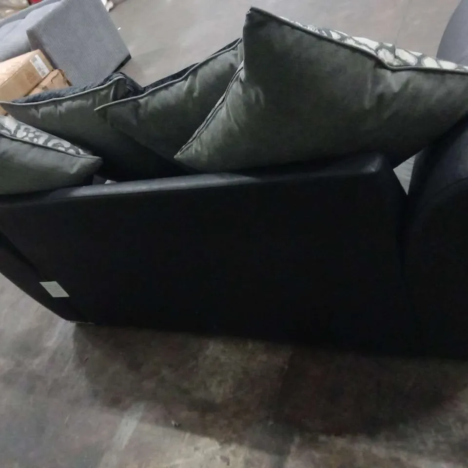 DESIGNER BLACK SUEDE EFFECT AND GREY FABRIC TWO SEATER SOFA WITH SCATTER CUSHIONS