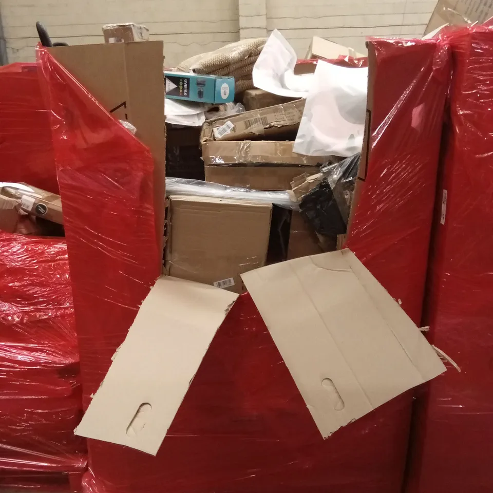 PALLET OF ASSORTED HOUSEHOLD GOODS AND PRODUCTS TO INCLUDE; BABY SHOWER CAPS, RUGS, PATIO HEATER, STRIP LIGHT FIXTURE ETC