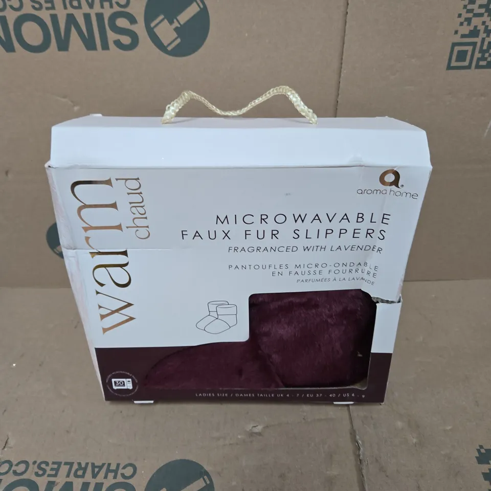 AROMA HOME MICROWAVABLE FAUX FUR SLIPPERS – LAVENDER, LADIES UK 4