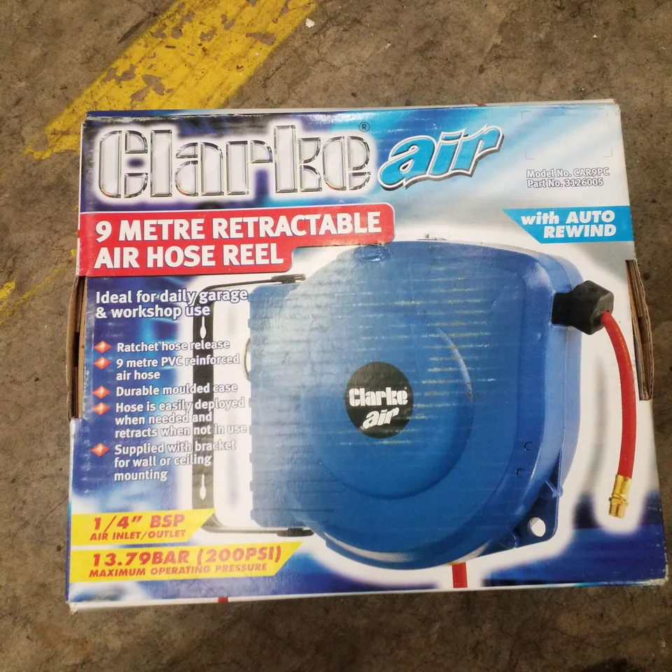 BOX CONTAINING DRILL STAND WITH VICE, AIRLESS ELECTRIC PAINT GUN & 9 METRE RETRACTABLE AIR HOSE REEL