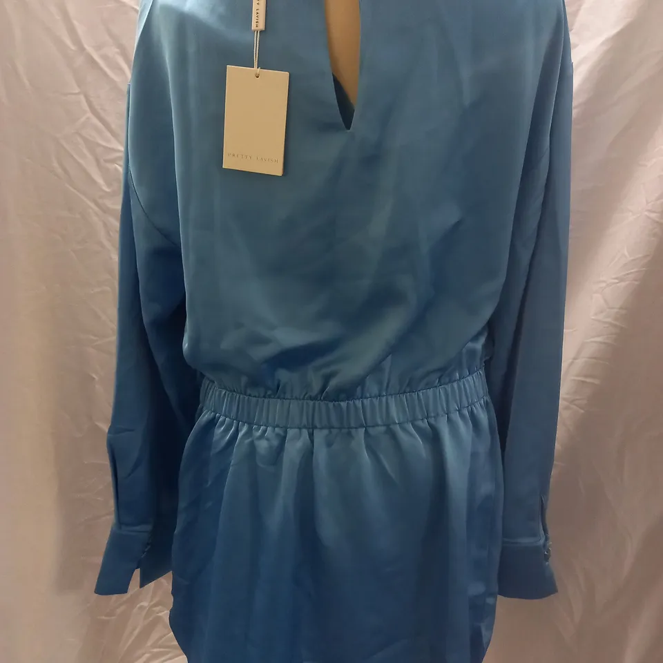 PRETTY LAVISH LONG SLEEVE SATIN MINI DRESS, BLUE - SIZE 16 