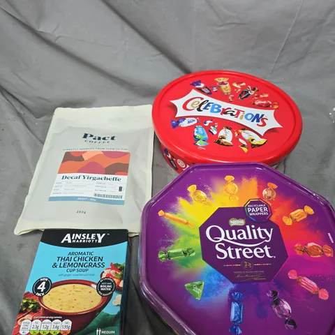 APPROXIMATELY 6 ASSORTED FOOD/DRINK PRODUCTS TO INCLUDE CELEBRATIONS, PACT COFFEE, QUALITY STREET ETC 