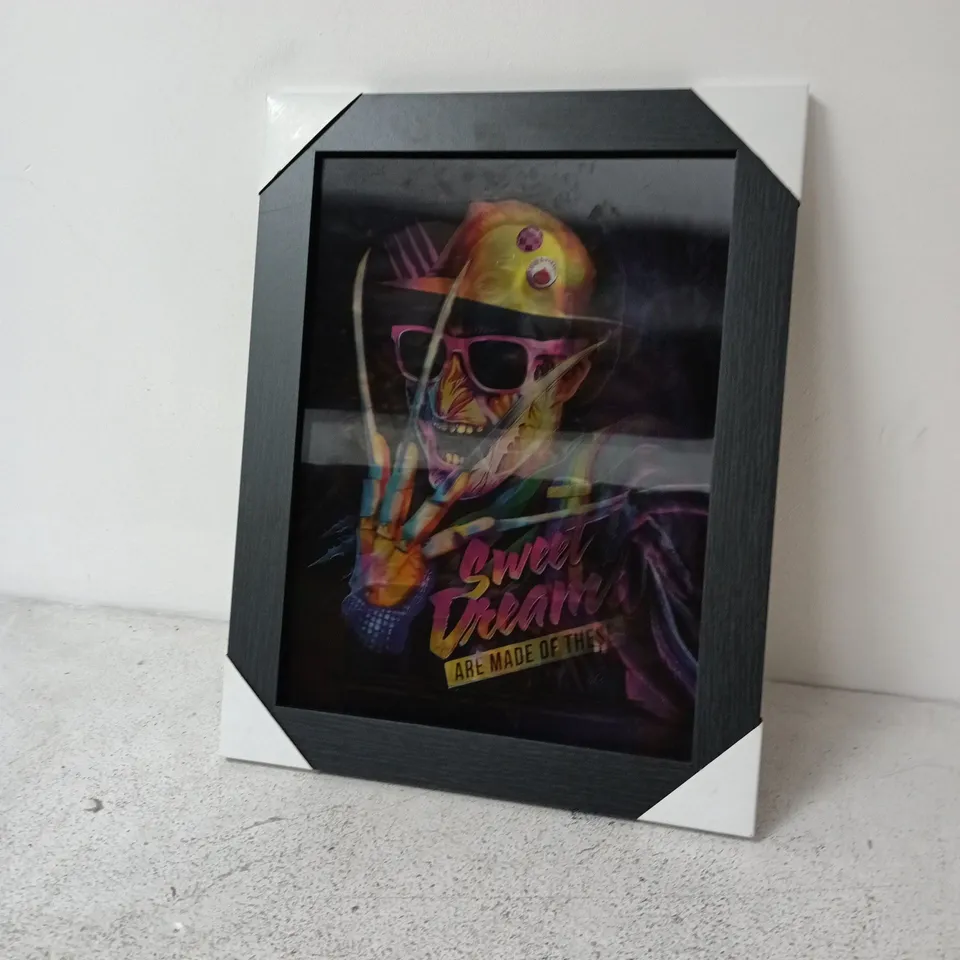  FRAMED 3D LENTICULAR POSTER FEATURING FREDDY KRUEGER FROM A NIGHTMARE ON ELM STREET WITH THE TEXT "SWEET DREAMS ARE MADE OF THESE " 