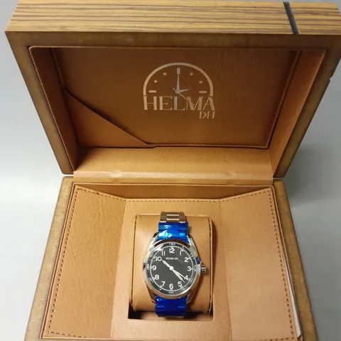 BOXED HELMA DH BLACK FACED WATCH WITH STAINLESS STEEL STRAP