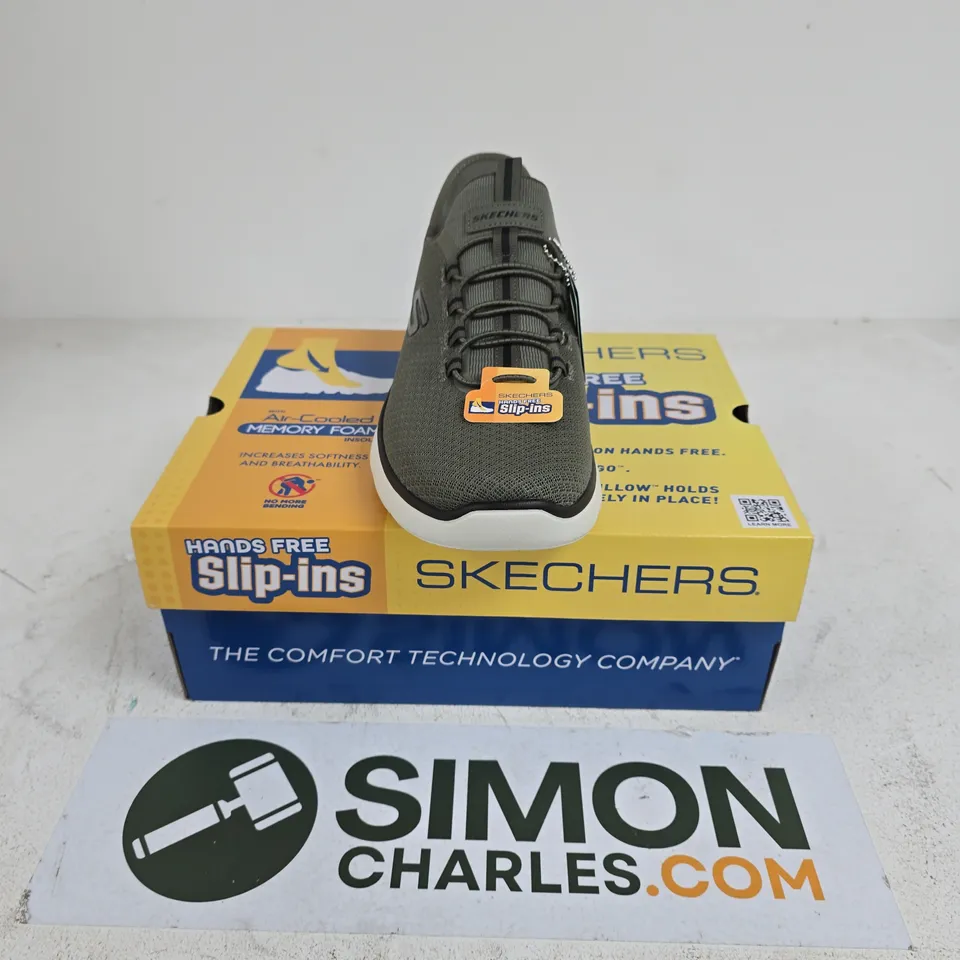 BOXED PAIR OF SKECHERS SUMMITS HIGH RANGE TRAINERS IN OLIVE -- 9.5
