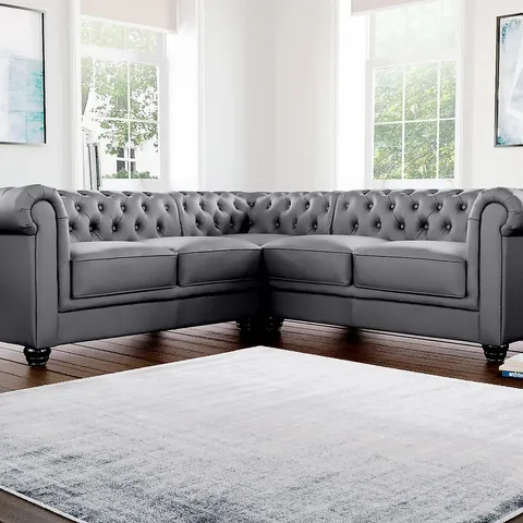 BOXED DESIGNER HAMPTON GREY FAUX LEATHER CHESTERFIELD CORNER SOFA (LEFT SEAT, BOX 1 OF 3 ONLY)
