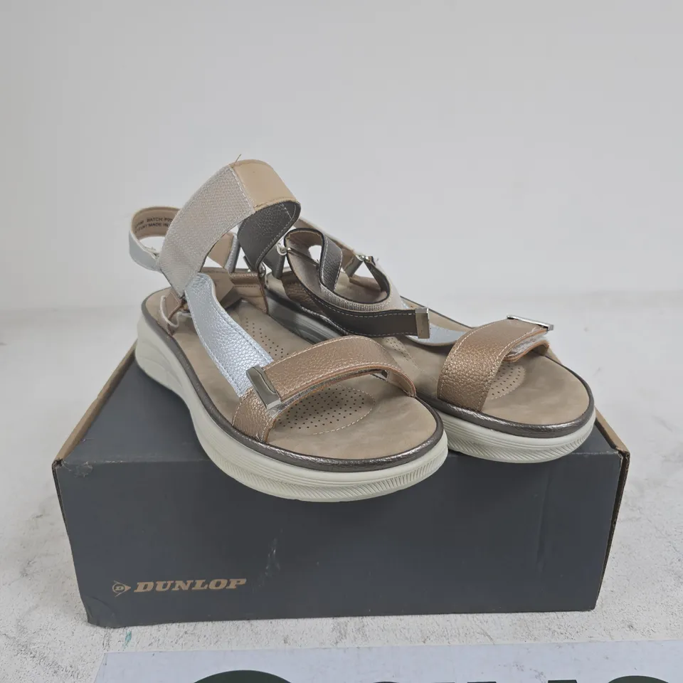 DUNLOP WOMEN'S SANDALS WITH METALLIC SILVER & TAN STRAPS SIZE 41 BOXED