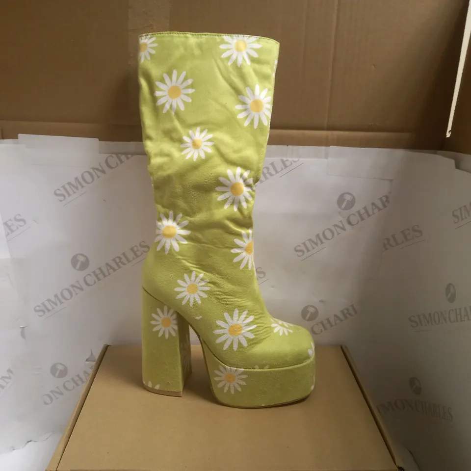 KOI VEGAN CRAZY DAISY GREEN PLATFORM LONG BOOTS - SIZE 3