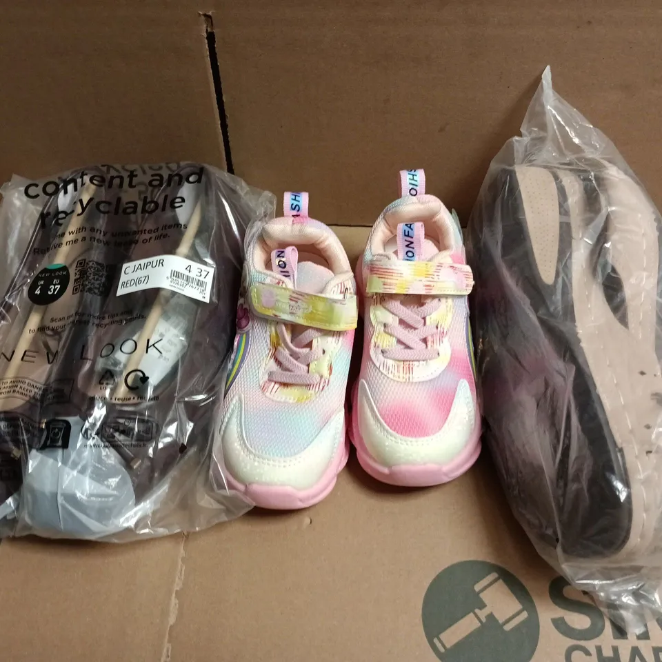 BOX OF APPROXIMATELY 15 ASSORTED PAIRS OF SHOES AND FOOTWEAR ITEMS IN VARIOUS COLOURS, STYLES, AND SIZES - COLLECTION ONLY