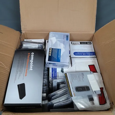 BOX OF ASSORTED ITEMS TO INCLUDE ETHERNET SWITCH, USB ADAPTERS AND WIRELESS ACCESS POINT