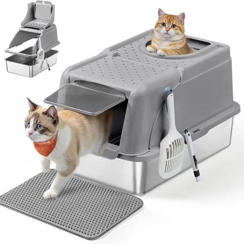 BOXED FEANDREA STAINLESS STEEL CAT LITTER BOX WITH FLIP LID