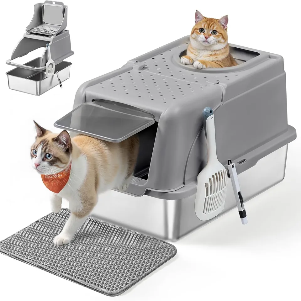 BOXED FEANDREA STAINLESS STEEL CAT LITTER BOX WITH FLIP LID
