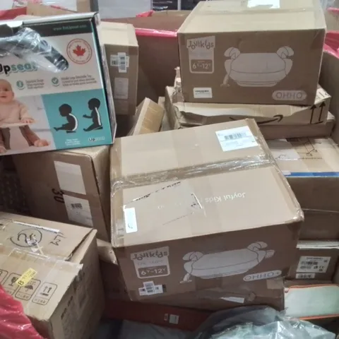 PALLET CONTAINING VARIOUS ASSORTED BOXED HOUSEHOLD ITEMS TO INCLUDE: FOOD MIXER, CHILD BOOSTER SEATS, BABY UPSEAT, AIR COOLER AND LOTS MORE UNMARKED BOXED ITEMS 