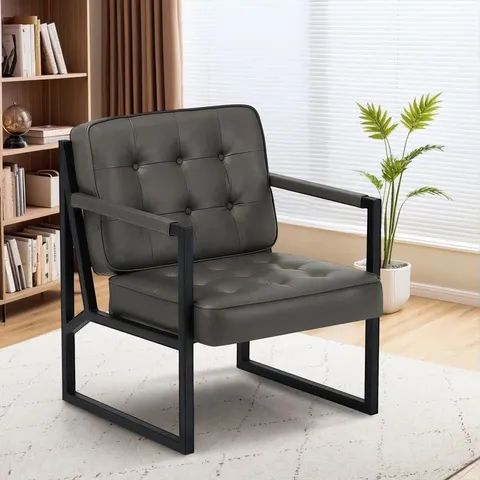 BOXED MODERN FAUX LEATHER BUTTON-TUFTED DESIGN ACCENT CHAIR WITH METAL FRAME - BLACK (1 BOX)