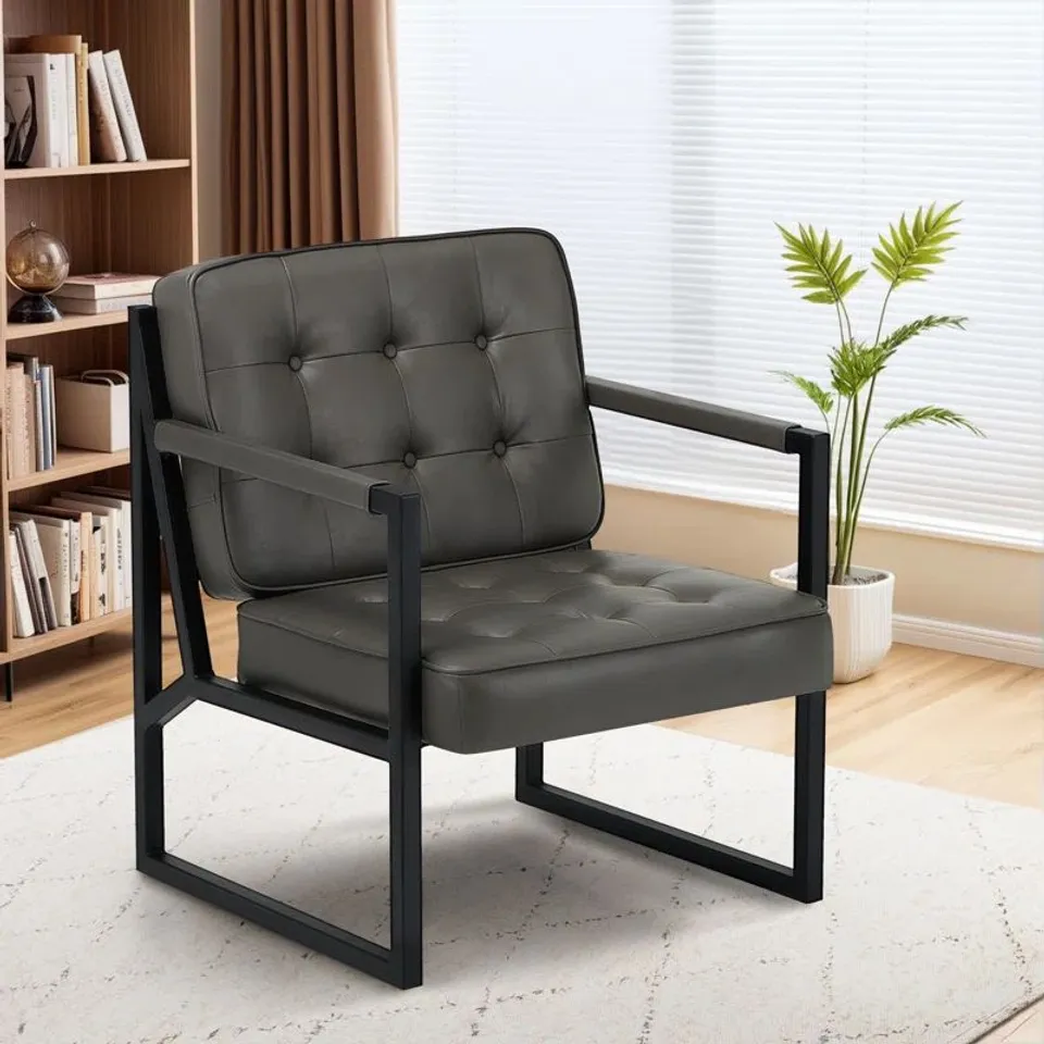 BOXED MODERN FAUX LEATHER BUTTON-TUFTED DESIGN ACCENT CHAIR WITH METAL FRAME - BLACK (1 BOX)