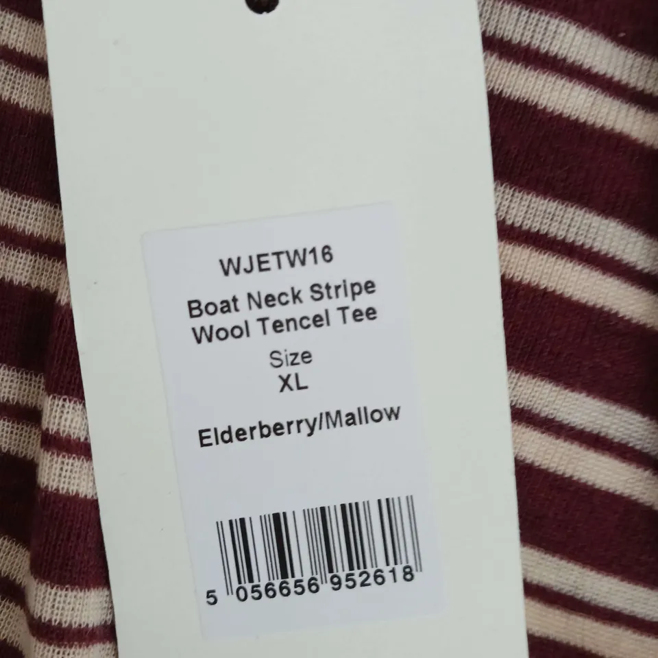 TOAST BOAT NECK STRIPED WOOL TENCAL T SHIRT ELDERBERRY/MALLOW SIZE XL