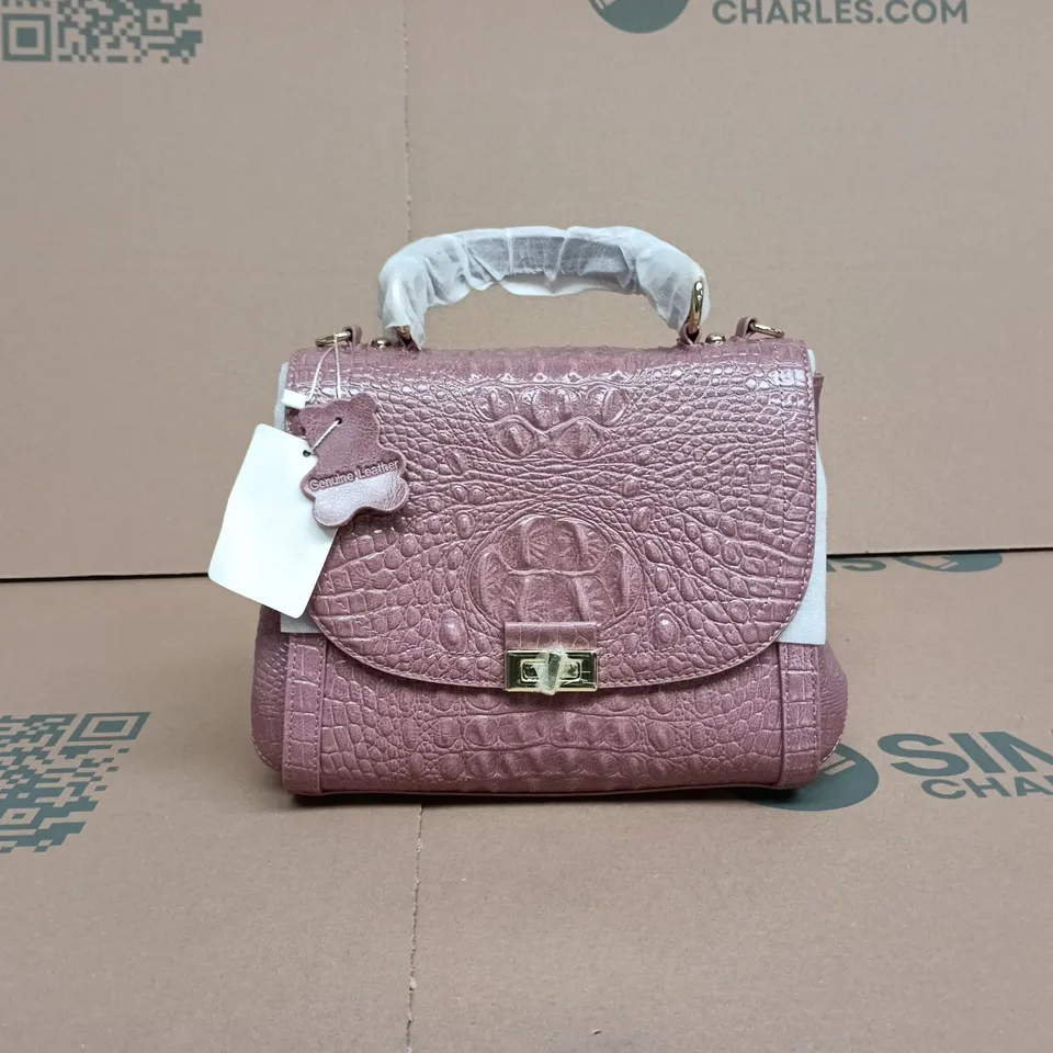 PINK EMBOSSED CROCODILE-PATTERN GENUINE LEATHER HANDBAG WITH GOLD-TONE CLASP