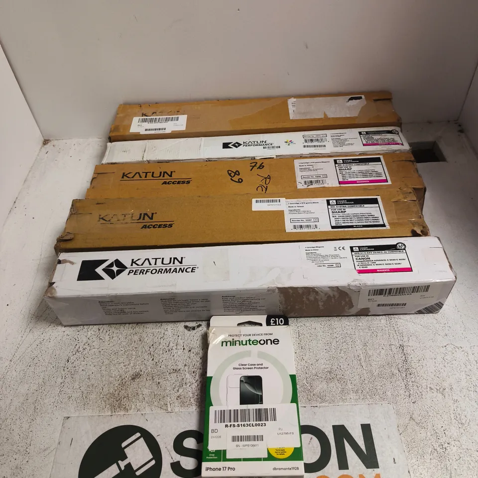 BOX OF APPROXIMATELY 8 ASSORTED ITEMS INCLUDING A MINUTE ONE CLEAR CASE AND GLASS SCREEN PROTECTOR, KATRUN PERFORMANCE TONER CARTRIDGE IN MAGENTA FOR GPR-31 / C-EXV 29/NPG-46 AND KATUN PERFORMANCE TON