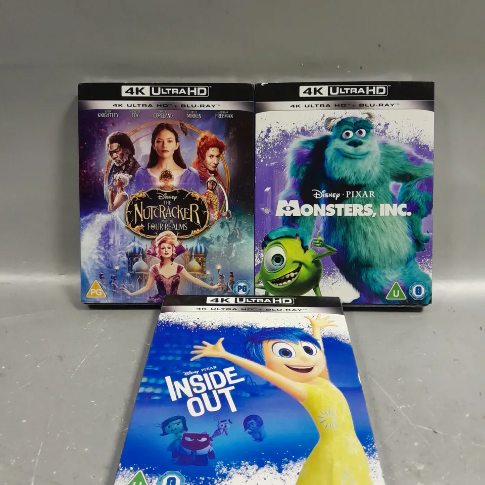 3 X ASSORTED SEALED DISNEY 4K ULTRA HD BLU-RAYS TO INCLUDE MONSTERS INC, INSIDE OUT & THE NUTCRACKER 