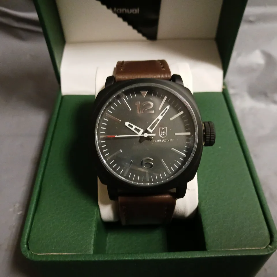 FRANK SCHMIDT WATCH – LARGE BLACK CASE – BLACK PILOT DIAL – BROWN STRAP – 3ATM WATER RESISTANT