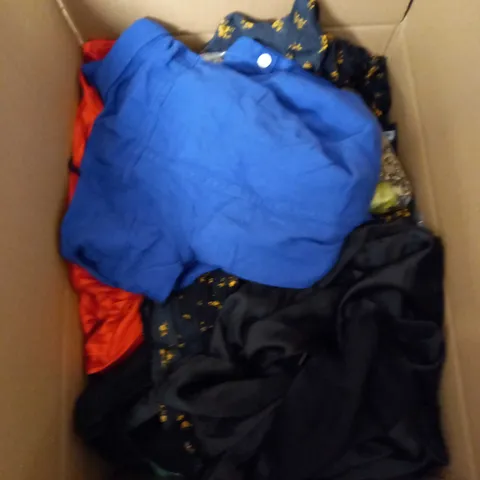 BOX OF ASSORTED CLOTHING ITEMS TOO INCLUDE DRESSES , SHIRTS AND TROUSERS IN VARIOUS SIZES AND COLOURS