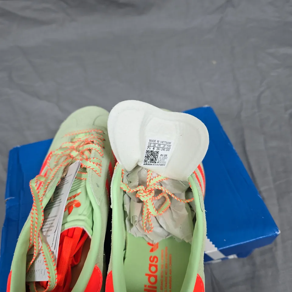 ADIDAS GAZELLE W SNEAKERS – LIGHT GREEN NUBUCK WITH ORANGE ACCENTS, UK 6