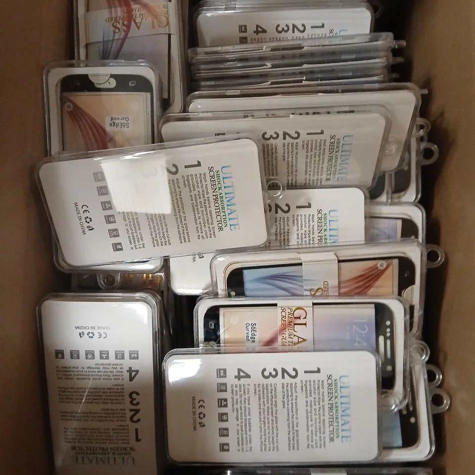 BOX OF APPROX 200 S6 EDGE CURVED GLASS TEMPERED SCREEN GUARD IN CLEAR/BLACK