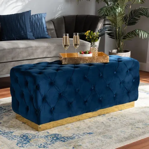 BOXED 108CM WIDE TUFTED RECTANGLE SOLID COLOUR FOOTSTOOL OTTOMAN - NAVY