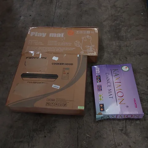 PALLET OF ASSORTED HOUSEHOLD ITEMS AND CONSUMER PRODUCTS TO INCLUDE; COOKER HOOD, DANCE MAT, PLAY MAT, BOXED FURNITURE ETC