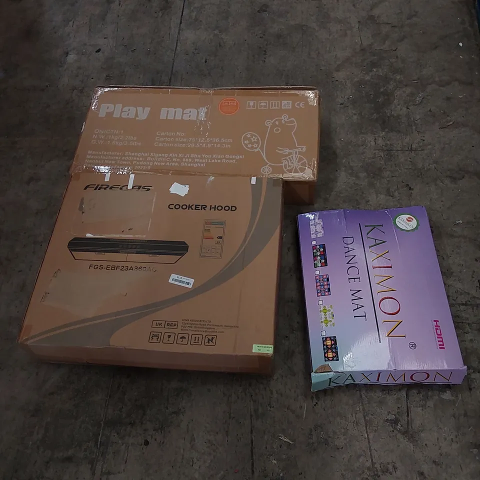 PALLET OF ASSORTED HOUSEHOLD ITEMS AND CONSUMER PRODUCTS TO INCLUDE; COOKER HOOD, DANCE MAT, PLAY MAT, BOXED FURNITURE ETC 