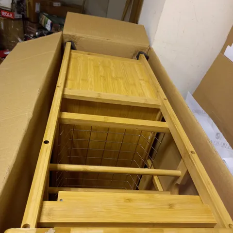 BOXED WOODLUV BAMBOO KITCHEN TROLLEY CART WITH DRAWER, WIRE BASKET, STORAGE CABINET AND WINE RACK
