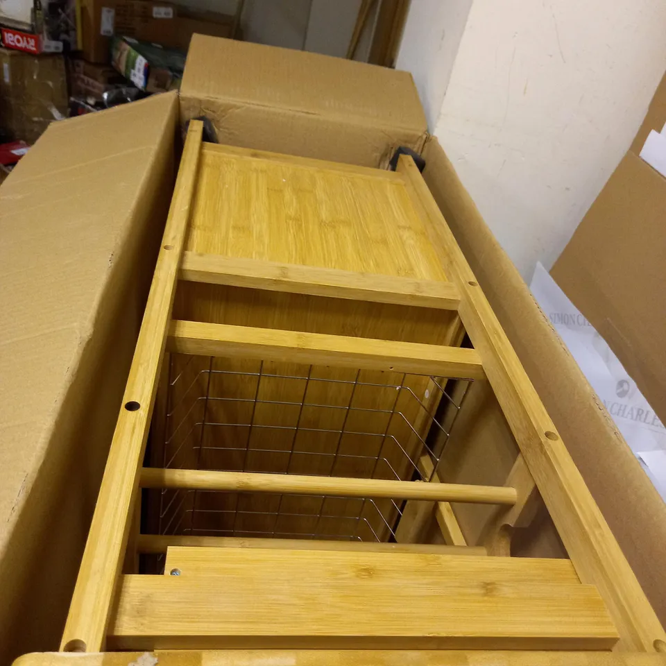 BOXED WOODLUV BAMBOO KITCHEN TROLLEY CART WITH DRAWER, WIRE BASKET, STORAGE CABINET AND WINE RACK