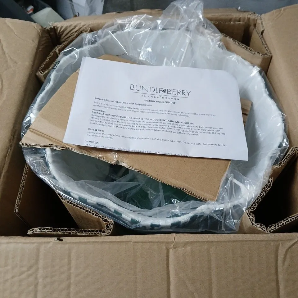 BUNDLEBERRY BY AMANDA HOLDEN CERAMIC GLAZED LAMP WITH STRIPED LAMPSHADE