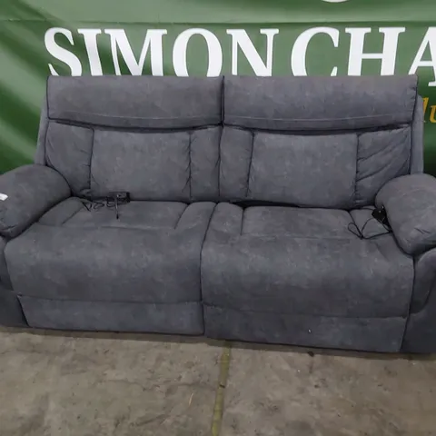 DESIGNER POWER RECLINING THREE SEATER SOFA GREY MACAU FABRIC WITH BLACK PIPING
