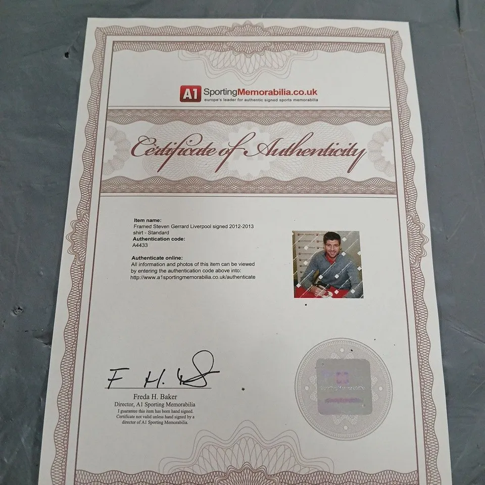 FRAMED STEVEN GERRARD SIGNED LIVERPOOL SHIRT: HOME, 2012-13  COMPACT - CERTIFIED AUTHENTICITY - COLLECTION ONLY 