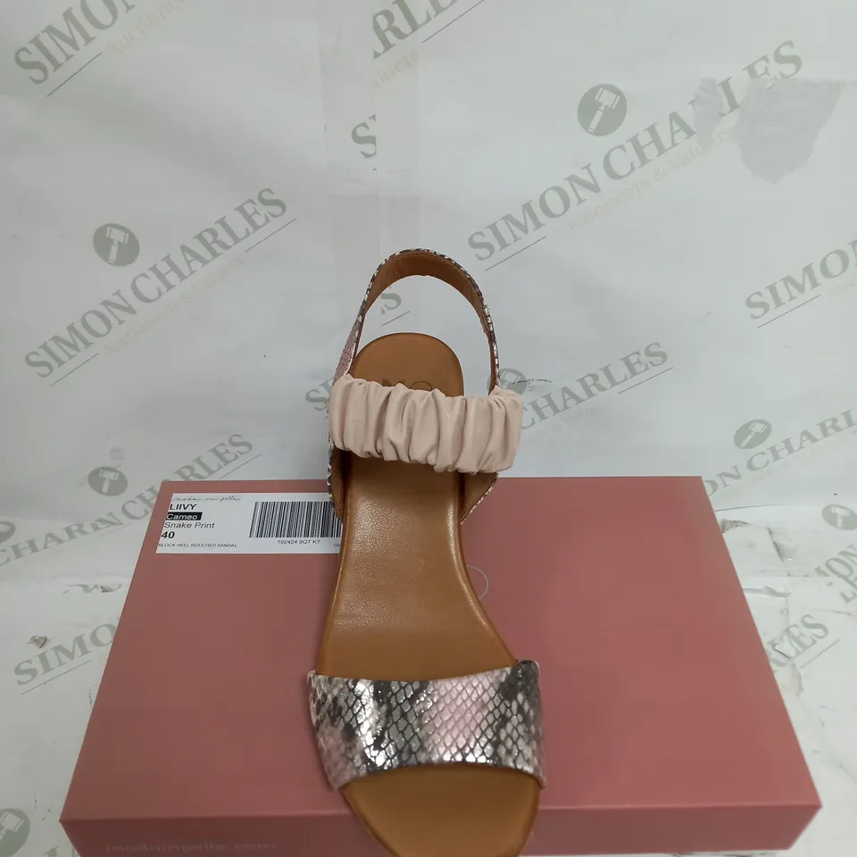 BOXED MODA IN PELLE LIIVY CAMEO SNAKE PRINT BLOCK HEEL ROUCHED SANDAL SIZE 7