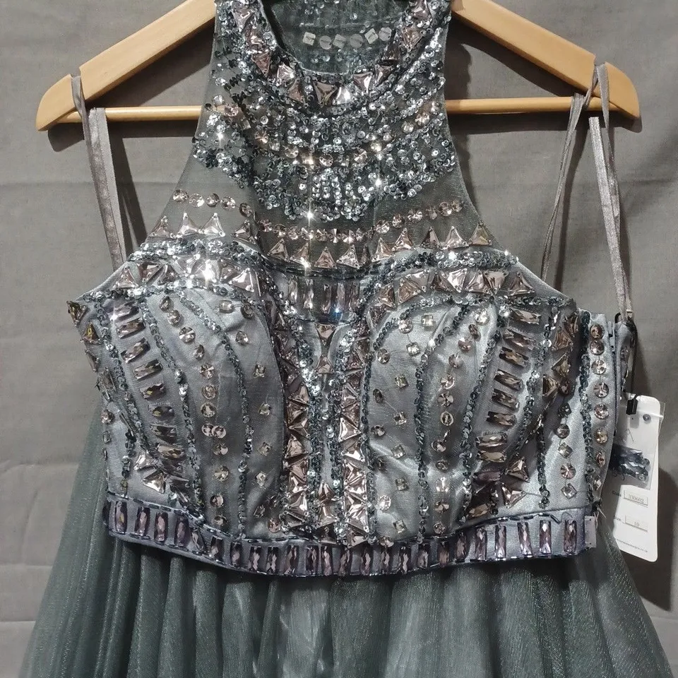 KISS ME KATE SEQUIN STUD DETAIL HALTER NECK MESH BOTTOM DRESS IN GREY - SIZE 10