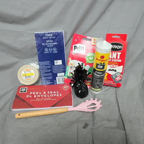 APPROXIMATELY 12 ASSORTED HOUSEHOLD ITEMS TO INCLUDE PRITT STICKS, ANT BAIT STATION, DL ENVELOPES, ETC