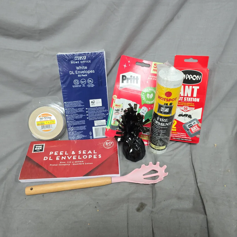 APPROXIMATELY 12 ASSORTED HOUSEHOLD ITEMS TO INCLUDE PRITT STICKS, ANT BAIT STATION, DL ENVELOPES, ETC