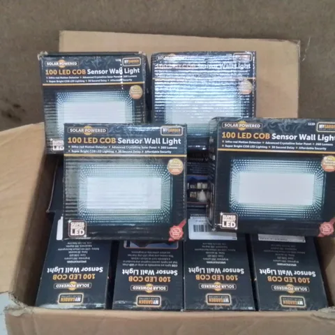 BOX CONTAINING LARGE AMOUNT OF SOLAR POWERED 100 LED COB SENSOR WALL LIGHTS
