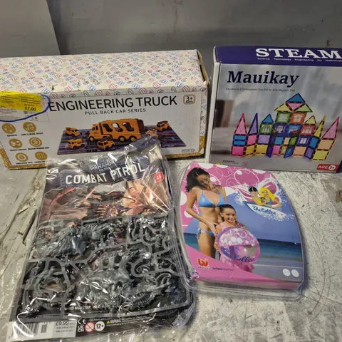 APPROXIMATELY 15 ASSORTED TOYS & GAMES TO INCLUDE BEACH BALL, MODELS, ENGINEERING TRUCK ETC 