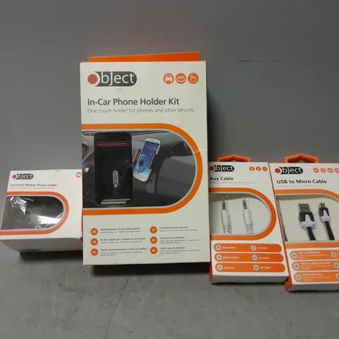 APPROXIMATELY 25 ASSORTED ITEMS TO INCLUDE - IN CAR PHONE HOLDER , AUX CABLE , USB TO MICRO CABLE ETC