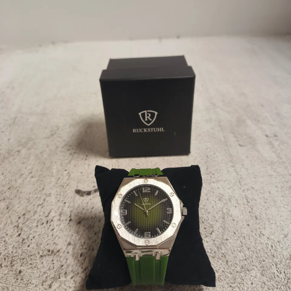 RUCKSTUHL WRISTWATCH – STAINLESS STEEL OCTAGONAL CASE WITH GREEN SILICONE STRAP (BOXED)