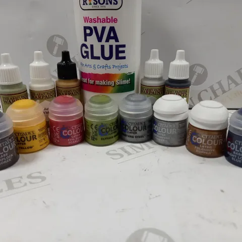 14 ASSORTED PRODUCTS TO INCLUDE; CITADEL MODEL PAINTS, THE ARMY PAINTER WAR PAINTS AND WASHABLE PVA GLUE