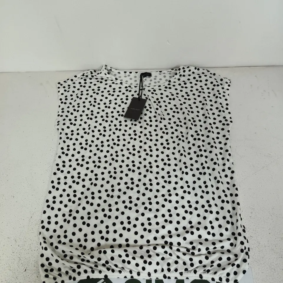 Laura Scott Women's Polka Dot top – White with Black Dots, UK 10-12