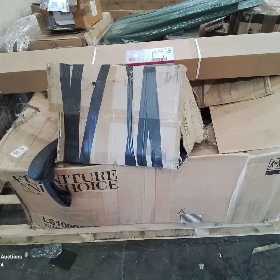 PALLET CONTAINING VARIOUS FURNITURE PARTS AND A SWING ARM 