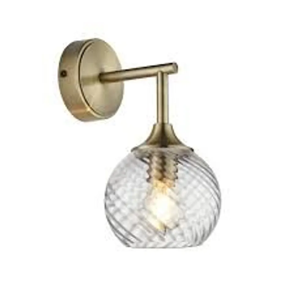 BOXED ENDON ALLEGRA 1 LIGHT WALL ANTIQUE BRASS PLATE AND CLEAR SPIRAL GLASS